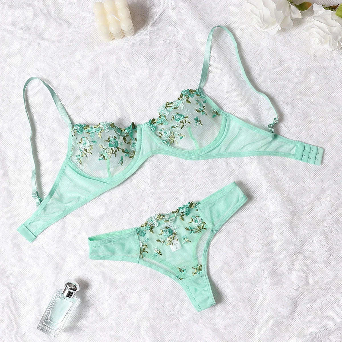 Floral Embroidery Lingerie Set-270-shenzise / M