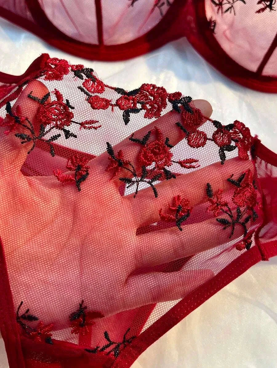 Floral Embroidery Lingerie Set-270-shenzise / M