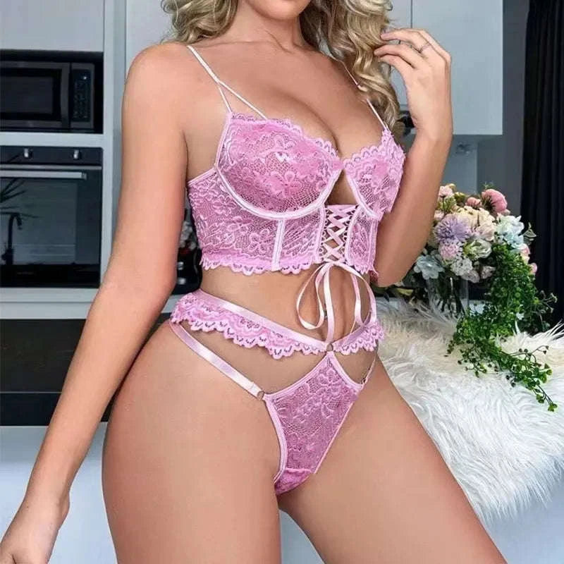 Floral Lace Lingerie Set – Push-Up Bra & Panty-black / S