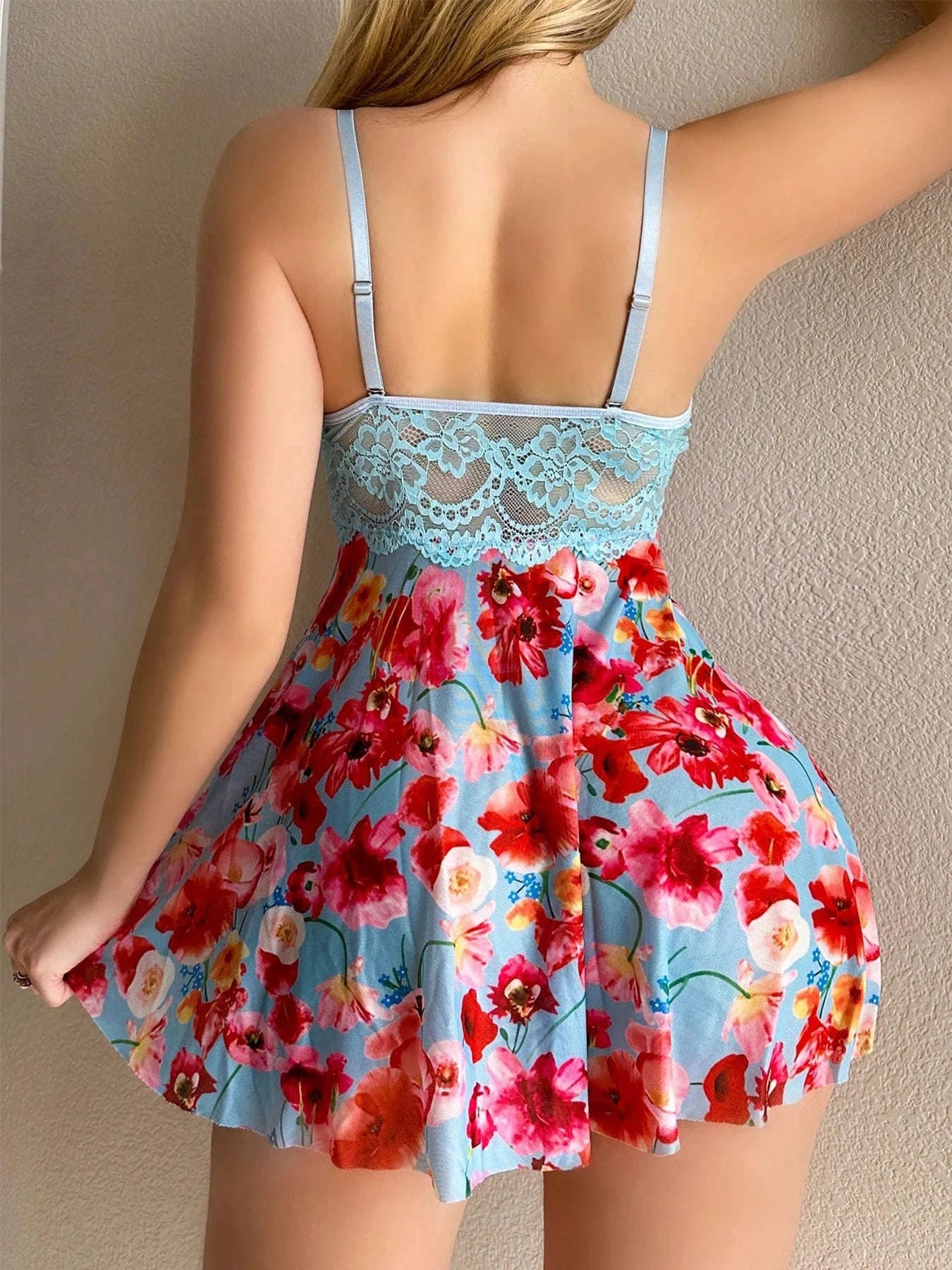 Floral Lace Underwire Babydoll Nightgown with Thong Set-SKY BLUE / L / United States