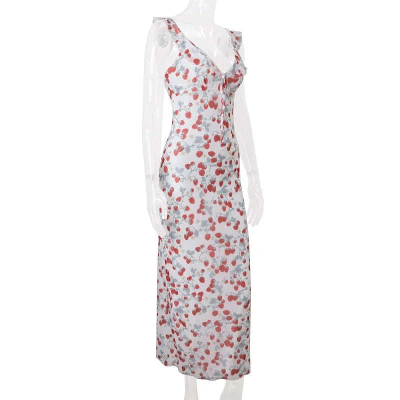 Floral Maxi Dress – Plunge Backless Summer Dress-red / M