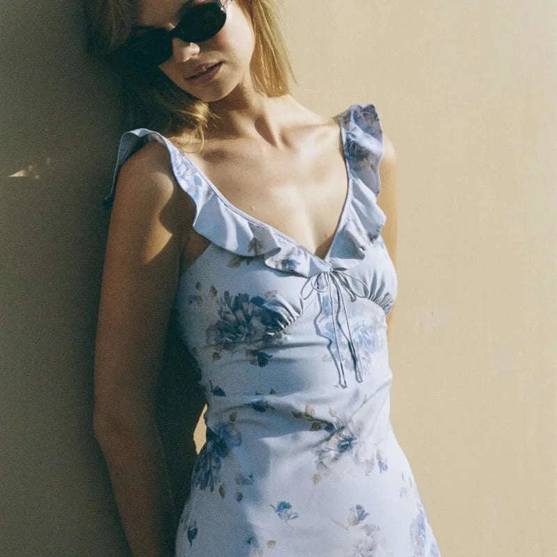 Floral Maxi Dress – Plunge Backless Summer Dress-red / M