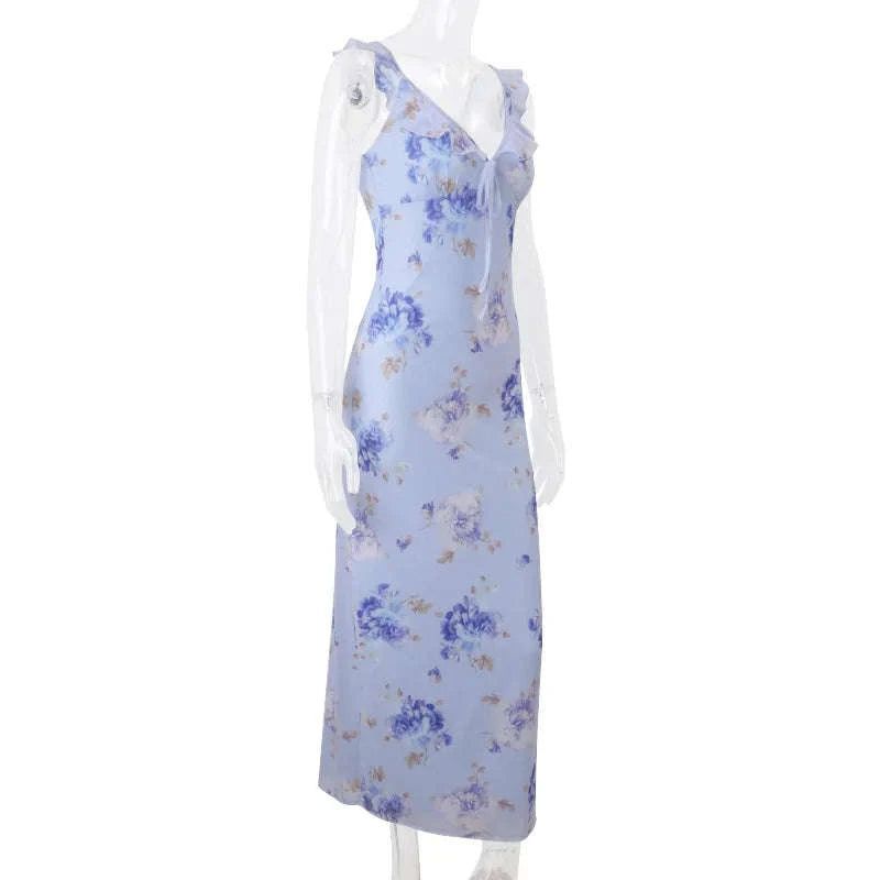 Floral Maxi Dress – Plunge Backless Summer Dress-red / M