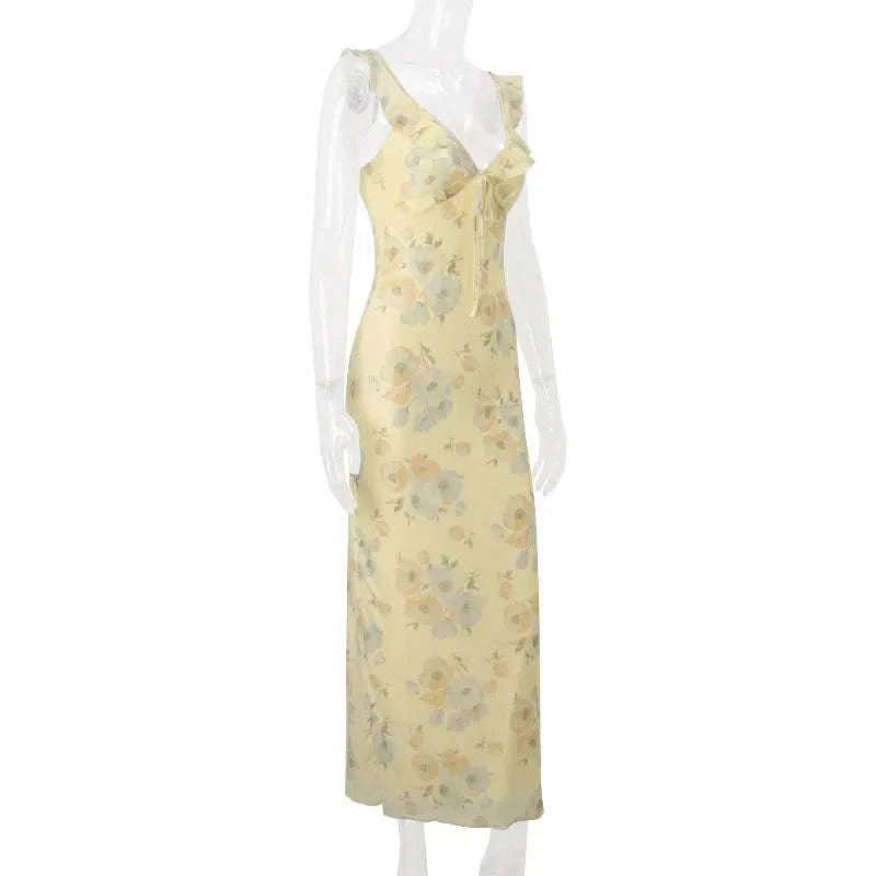 Floral Maxi Dress – Plunge Backless Summer Dress-red / M