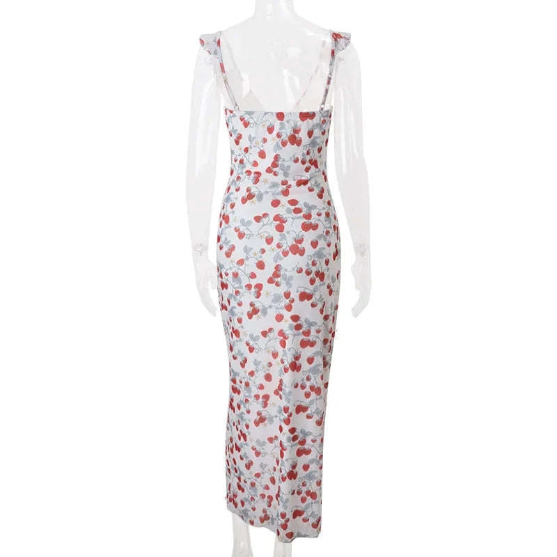 Floral Maxi Dress – Plunge Backless Summer Dress-red / M