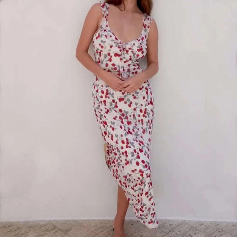 Floral Maxi Dress – Plunge Backless Summer Dress-red / M
