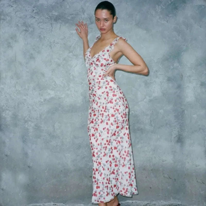 Floral Maxi Dress – Plunge Backless Summer Dress-red / M