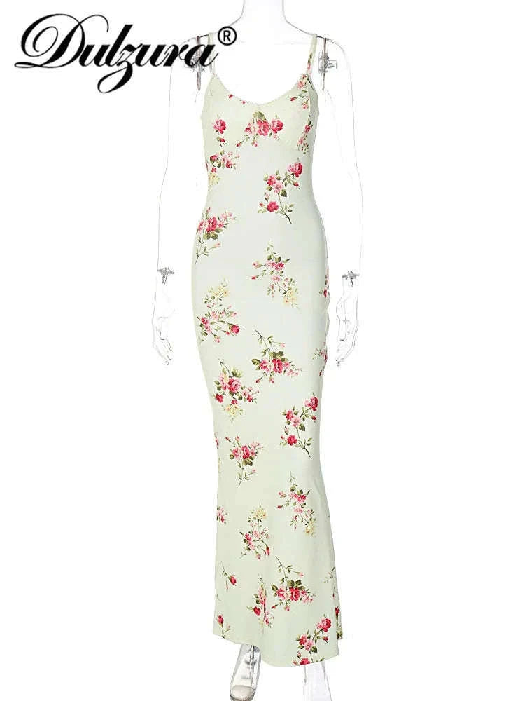 Floral Print Maxi Dress with Open-Back, Square Neckline-Apricot / L
