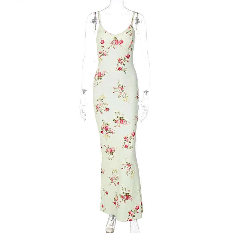 Floral Print Maxi Dress with Open-Back, Square Neckline-Apricot / L