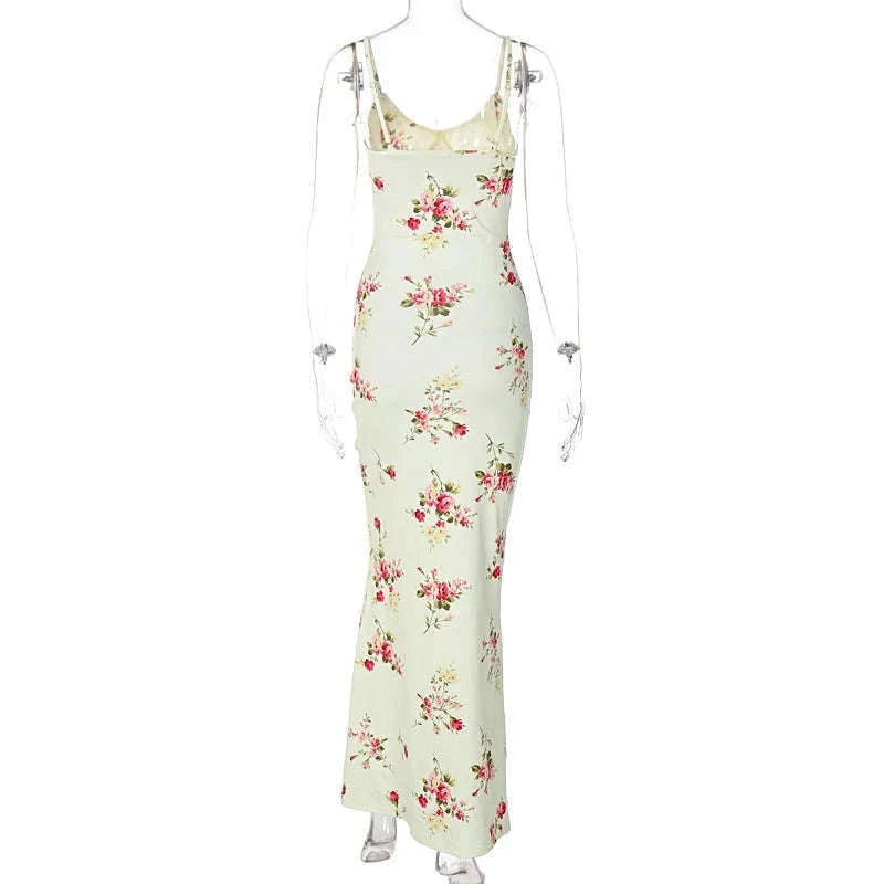 Floral Print Maxi Dress with Open-Back, Square Neckline-Apricot / L