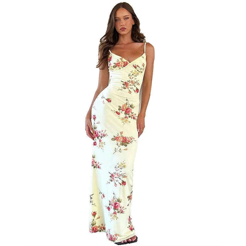 Floral Print Maxi Dress with Open-Back, Square Neckline-Apricot / L