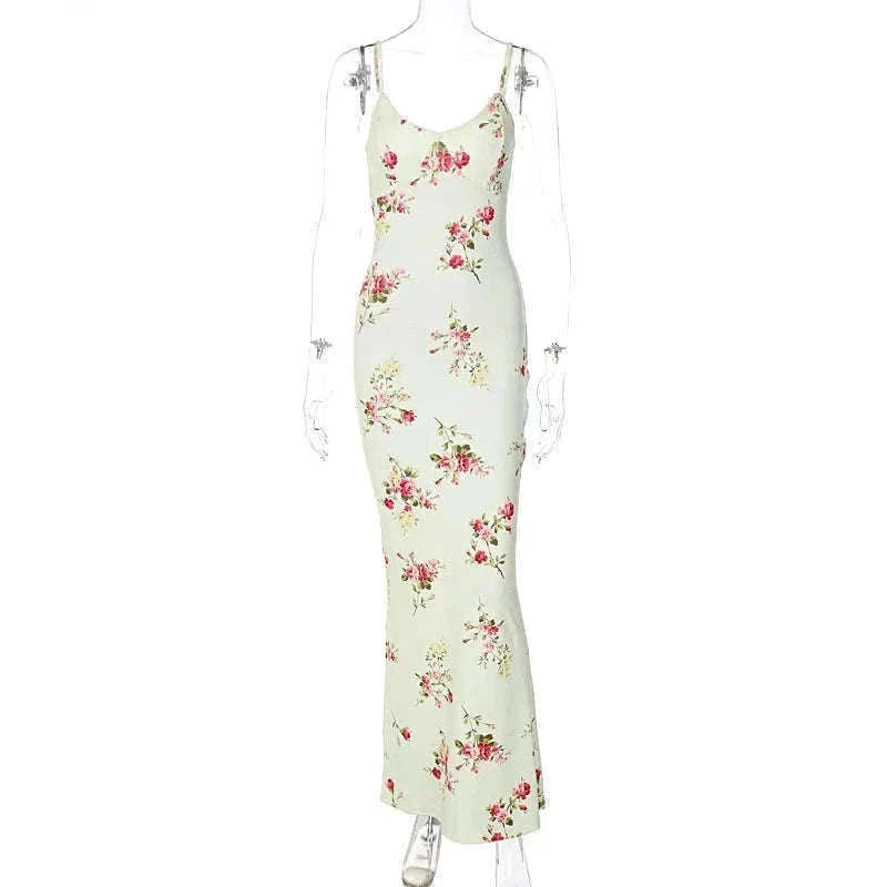 Floral Print Maxi Dress with Open-Back, Square Neckline-Apricot / L
