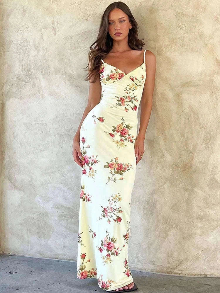 Floral Print Maxi Dress with Open-Back, Square Neckline-Apricot / L