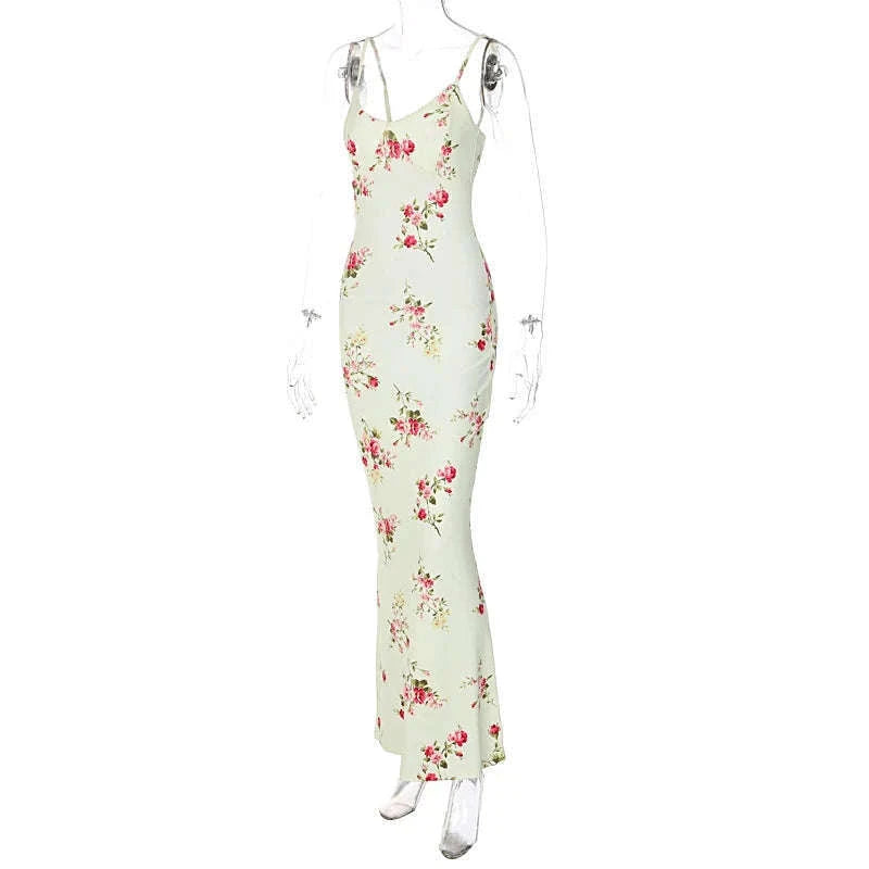 Floral Print Maxi Dress with Open-Back, Square Neckline-Apricot / L