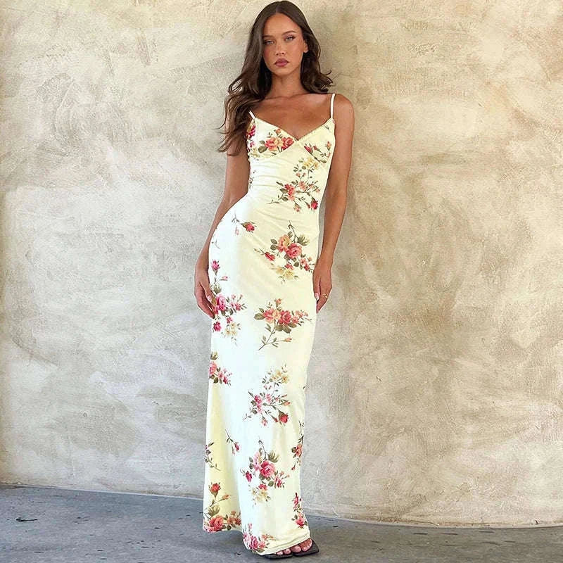 Floral Print Maxi Dress with Open-Back, Square Neckline-Apricot / L