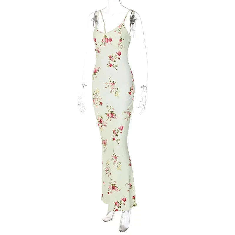 Floral Print Maxi Dress with Open-Back, Square Neckline-Apricot / L