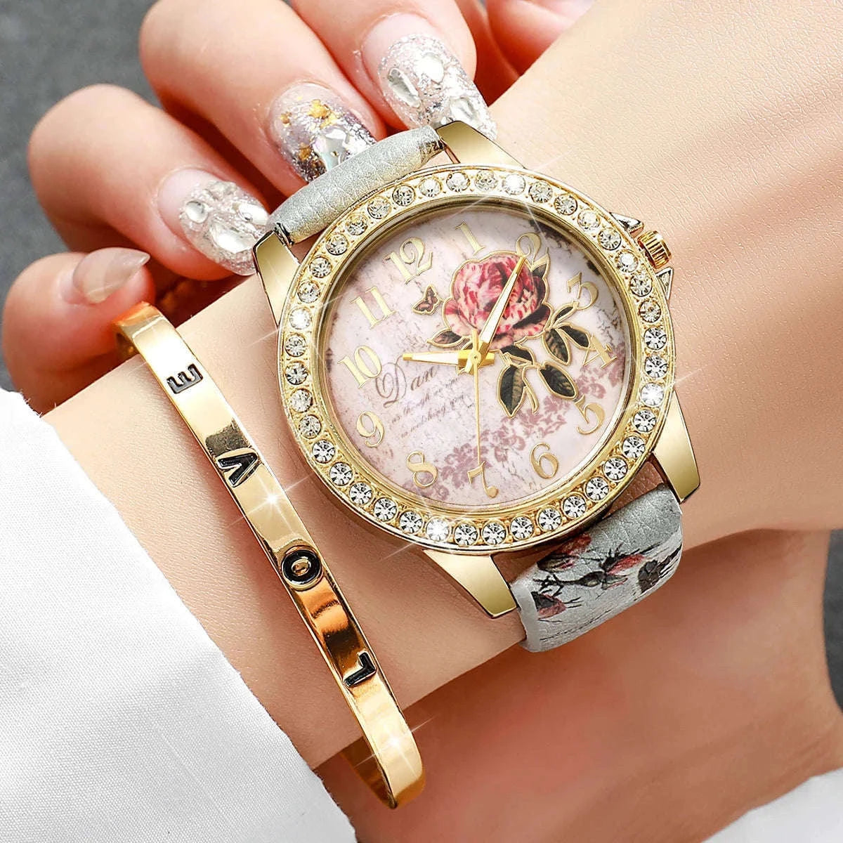 Floral Rhinestone Women's Watch Set with Leather Band-2PCS B No Box