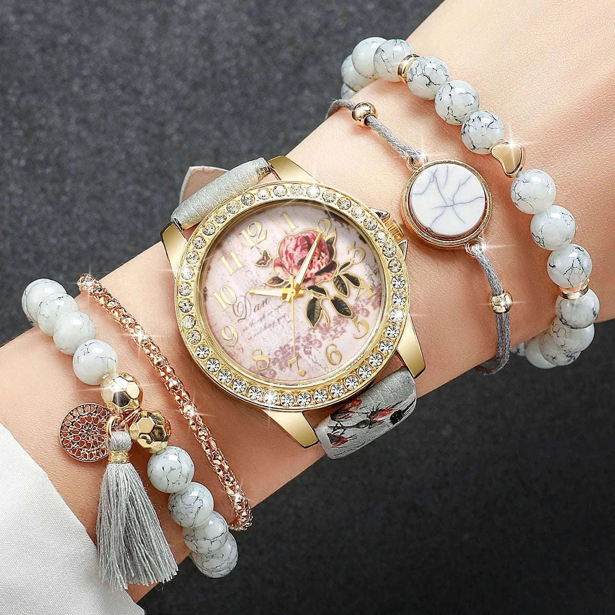 Floral Rhinestone Women's Watch Set with Leather Band-2PCS B No Box