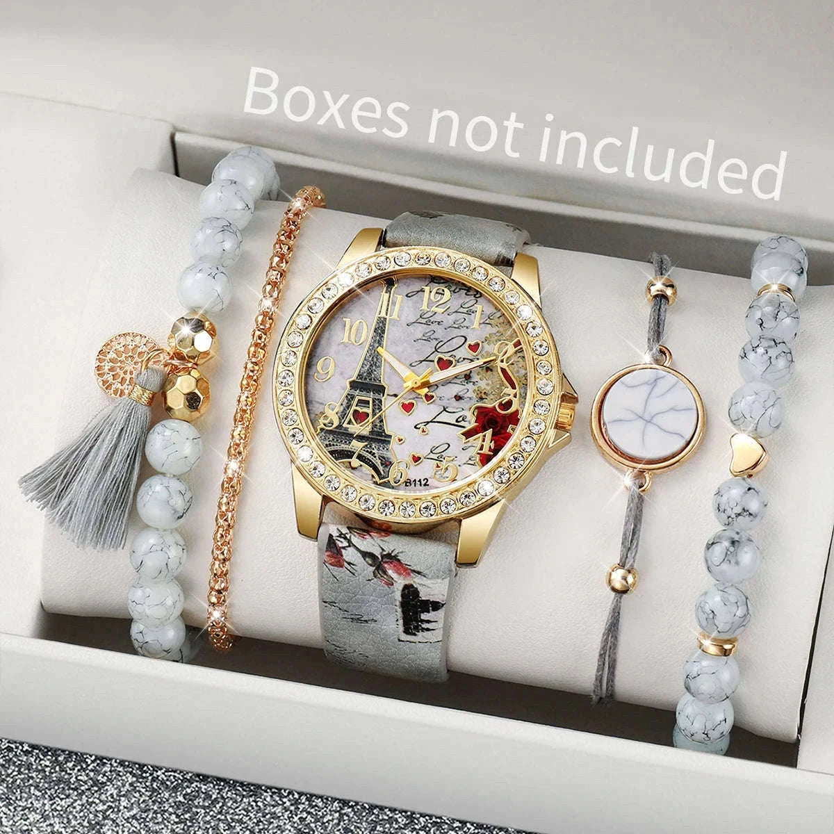Floral Rhinestone Women's Watch Set with Leather Band-2PCS B No Box