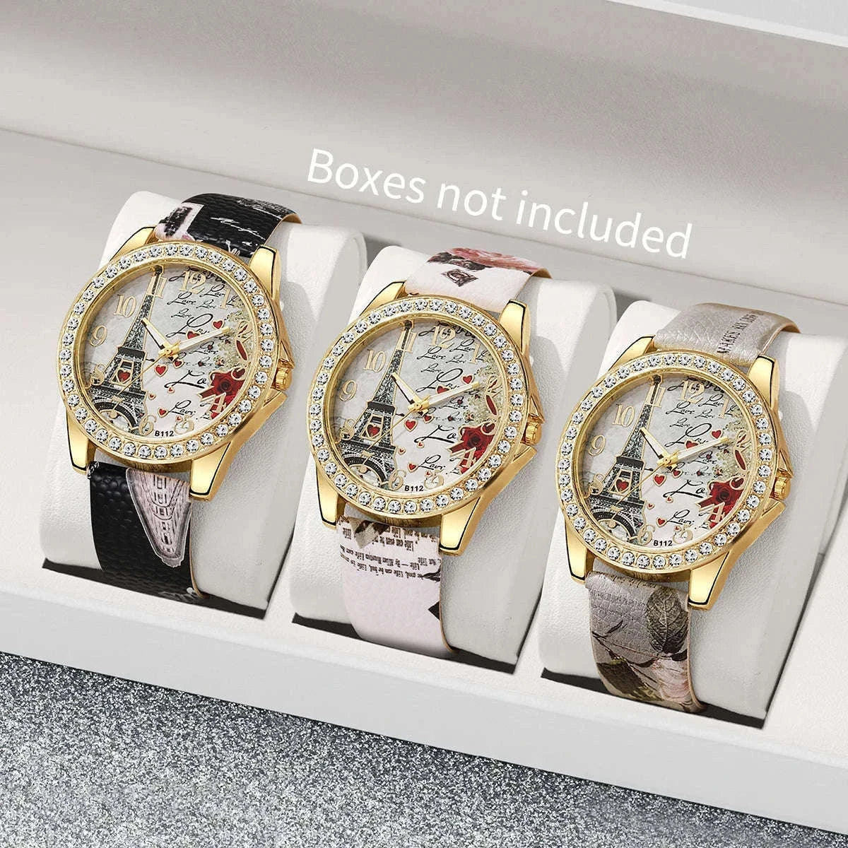 Floral Rhinestone Women's Watch Set with Leather Band-2PCS B No Box
