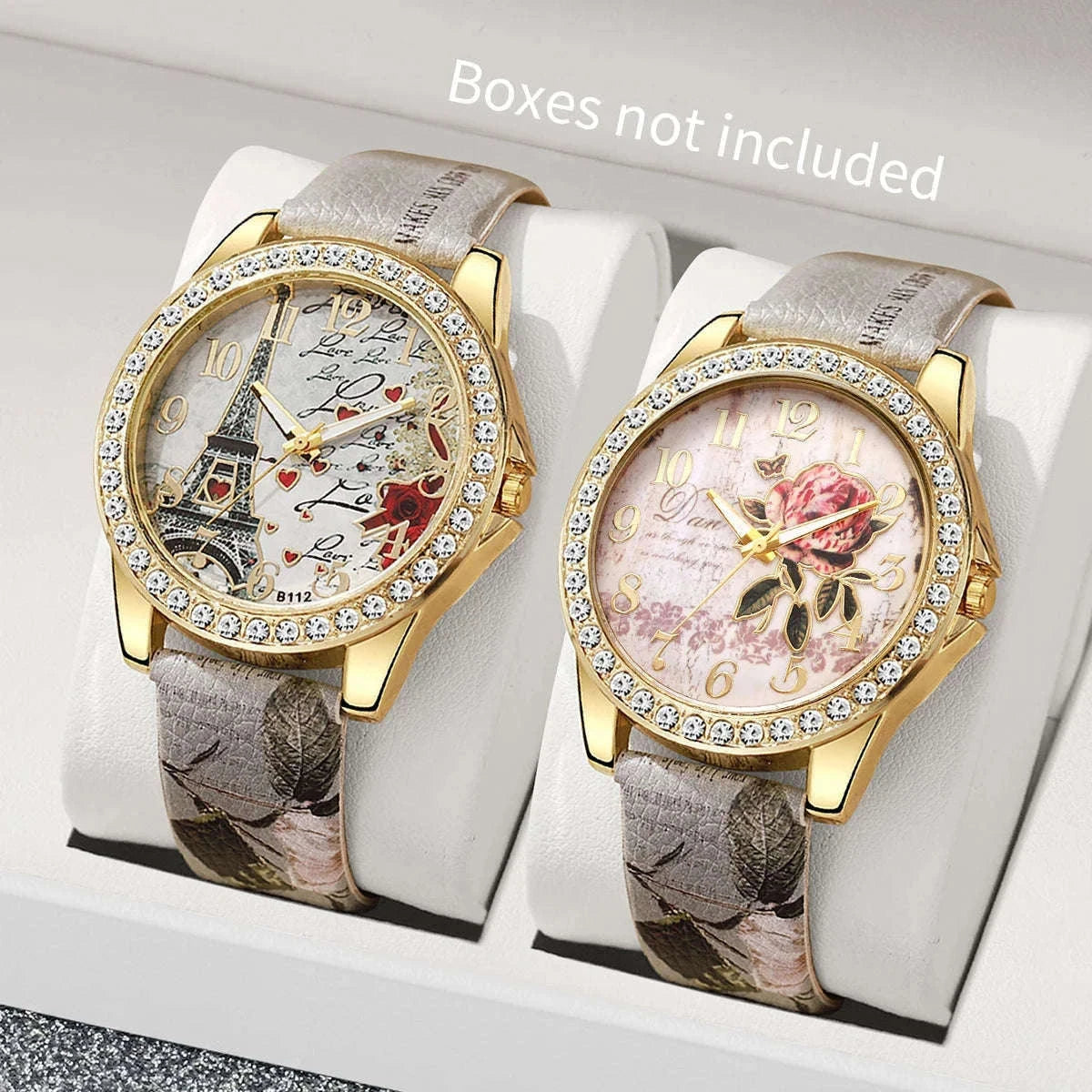 Floral Rhinestone Women's Watch Set with Leather Band-2PCS B No Box