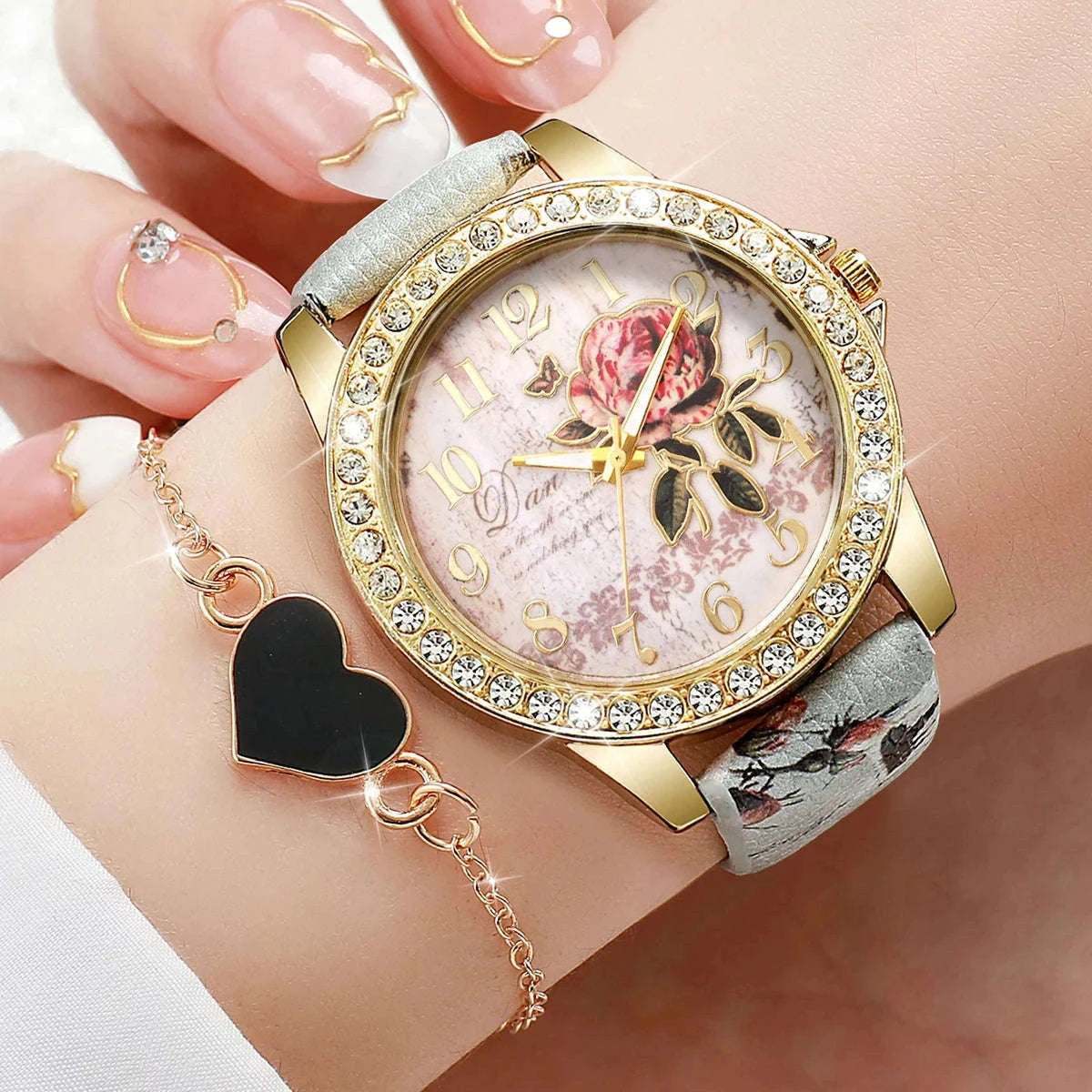 Floral Rhinestone Women's Watch Set with Leather Band-2PCS B No Box