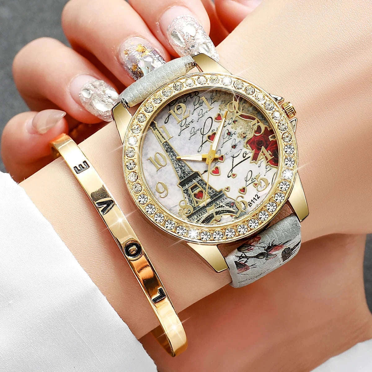 Floral Rhinestone Women's Watch Set with Leather Band-2PCS B No Box