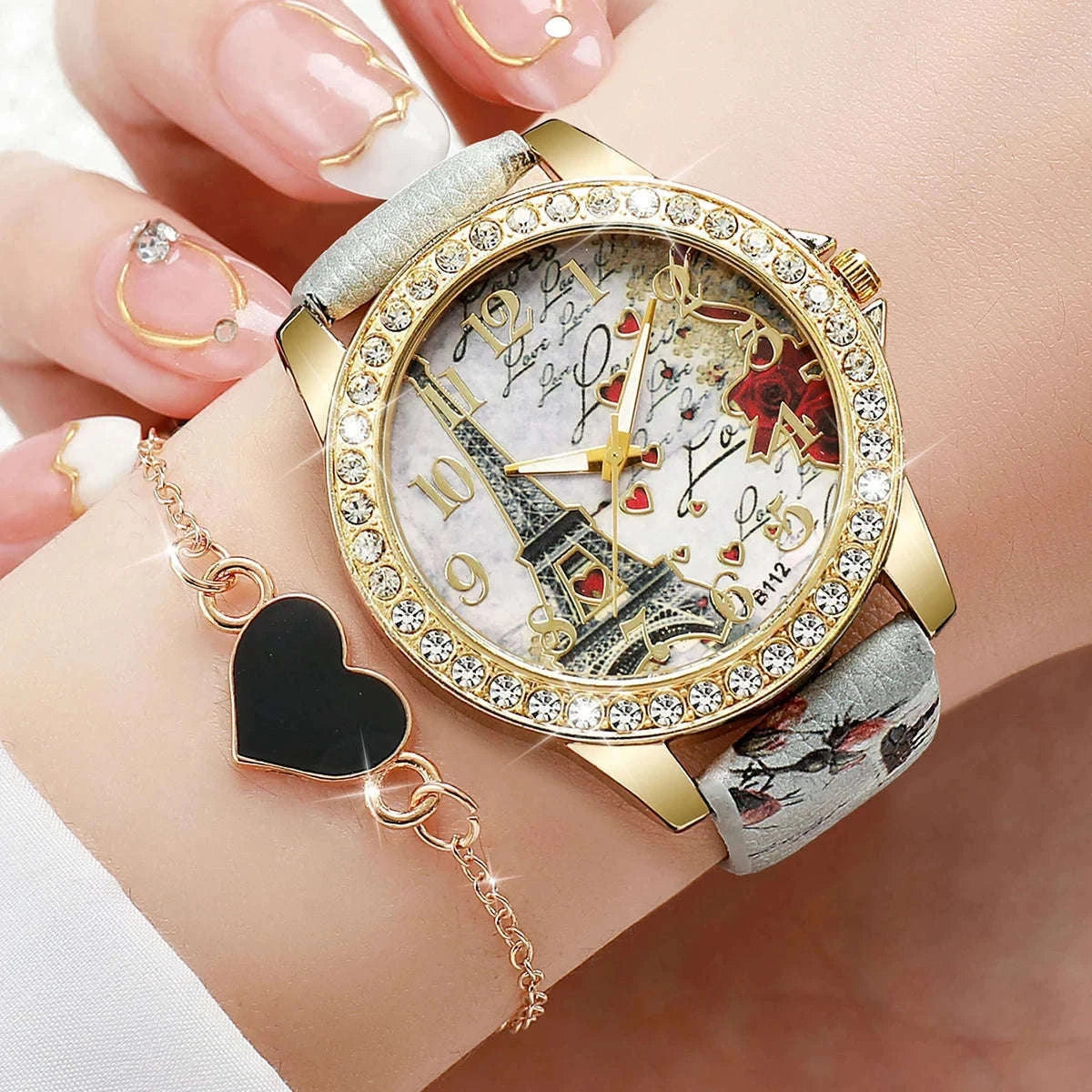 Floral Rhinestone Women's Watch Set with Leather Band-2PCS B No Box