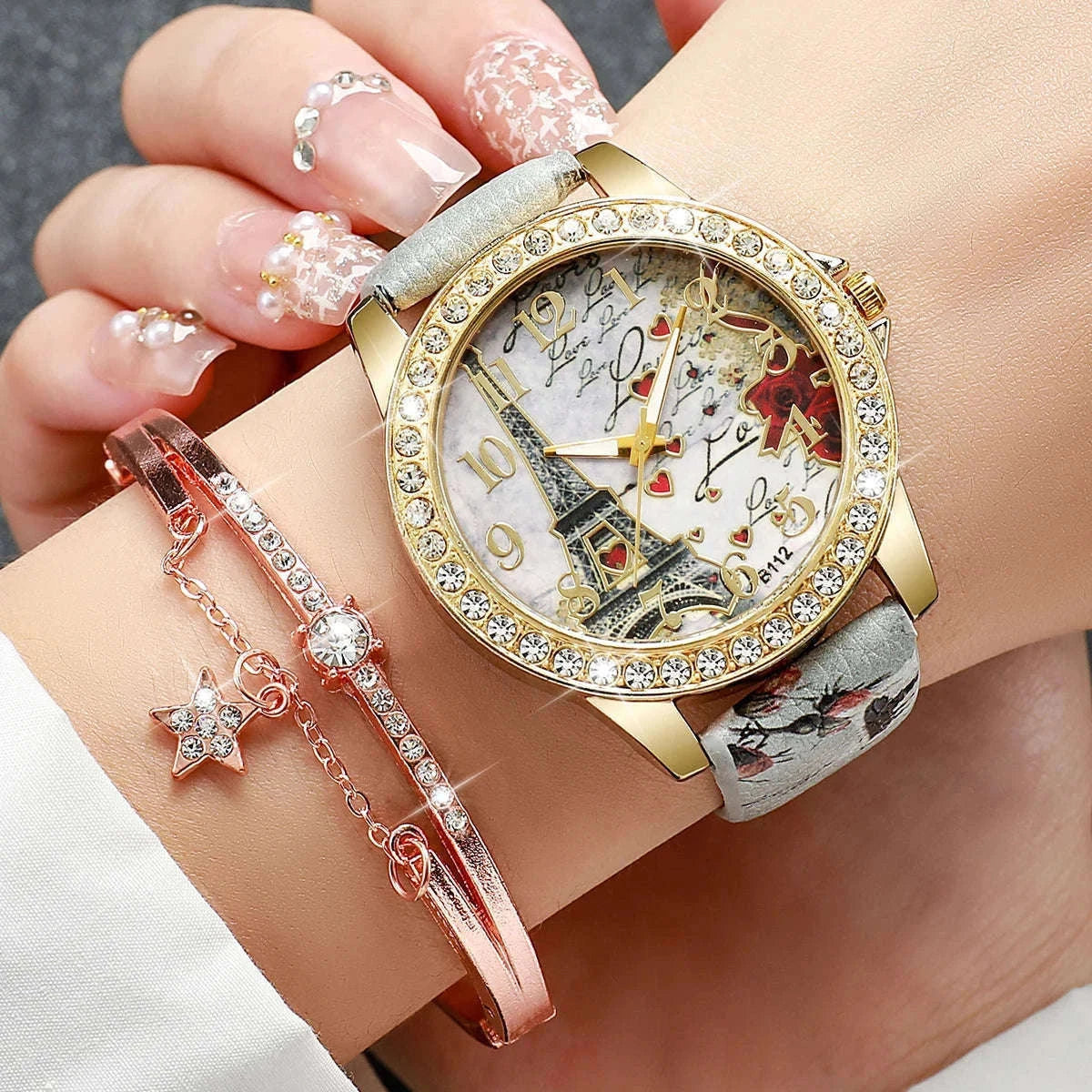 Floral Rhinestone Women's Watch Set with Leather Band-2PCS B No Box