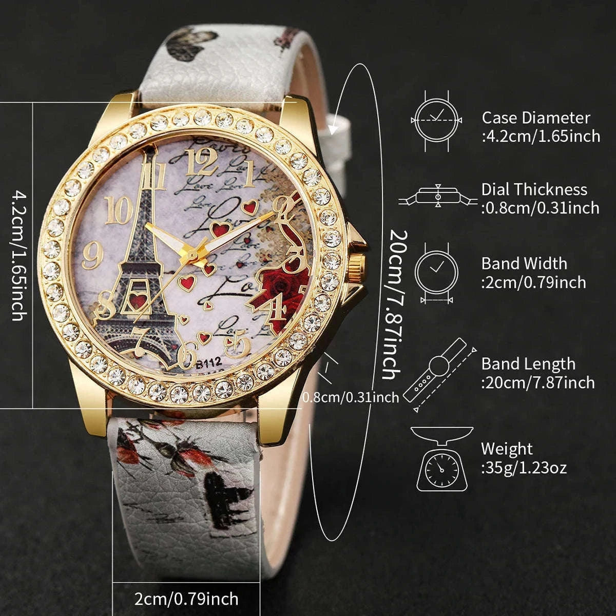 Floral Rhinestone Women's Watch Set with Leather Band-2PCS B No Box