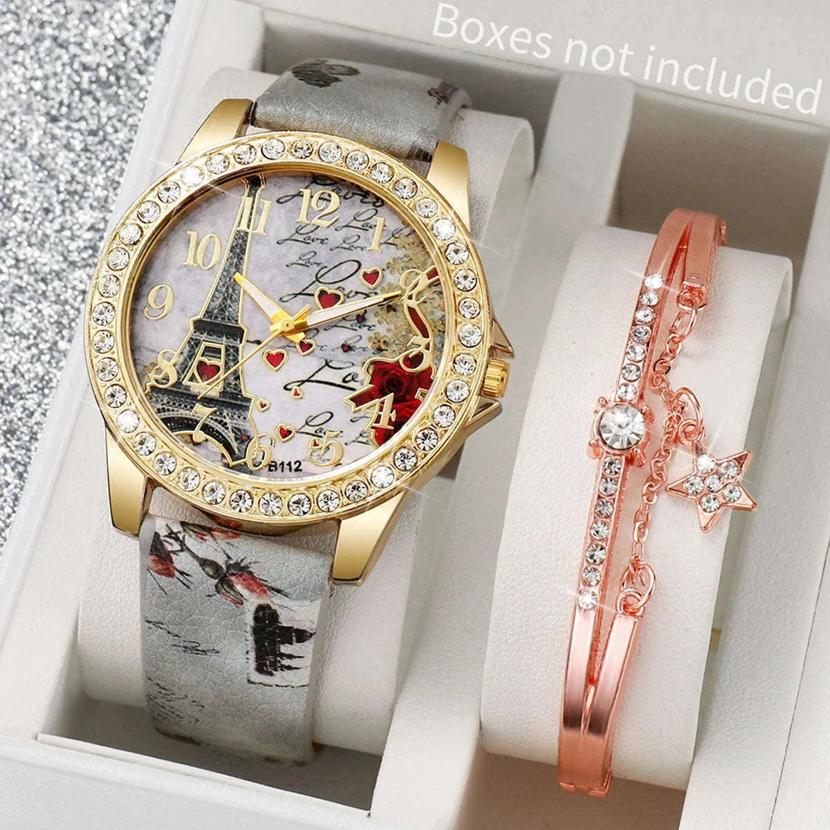 Floral Rhinestone Women's Watch Set with Leather Band-2PCS B No Box