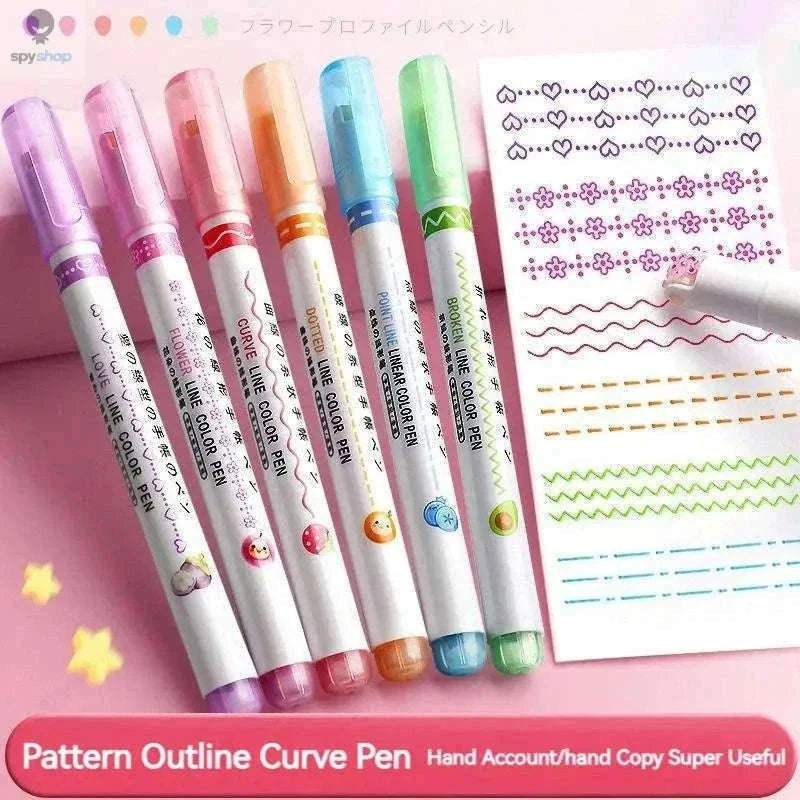 Flower Line Highlighter Pen Set, 6 Vibrant Decorative Markers-7068A-6 Colors