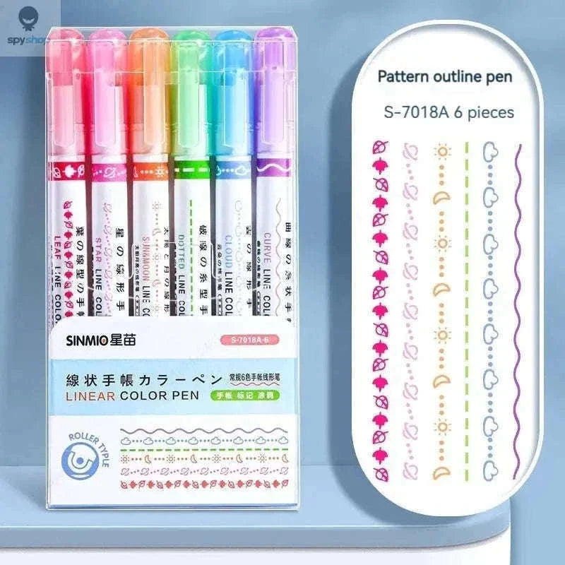 Flower Line Highlighter Pen Set, 6 Vibrant Decorative Markers-7068A-6 Colors