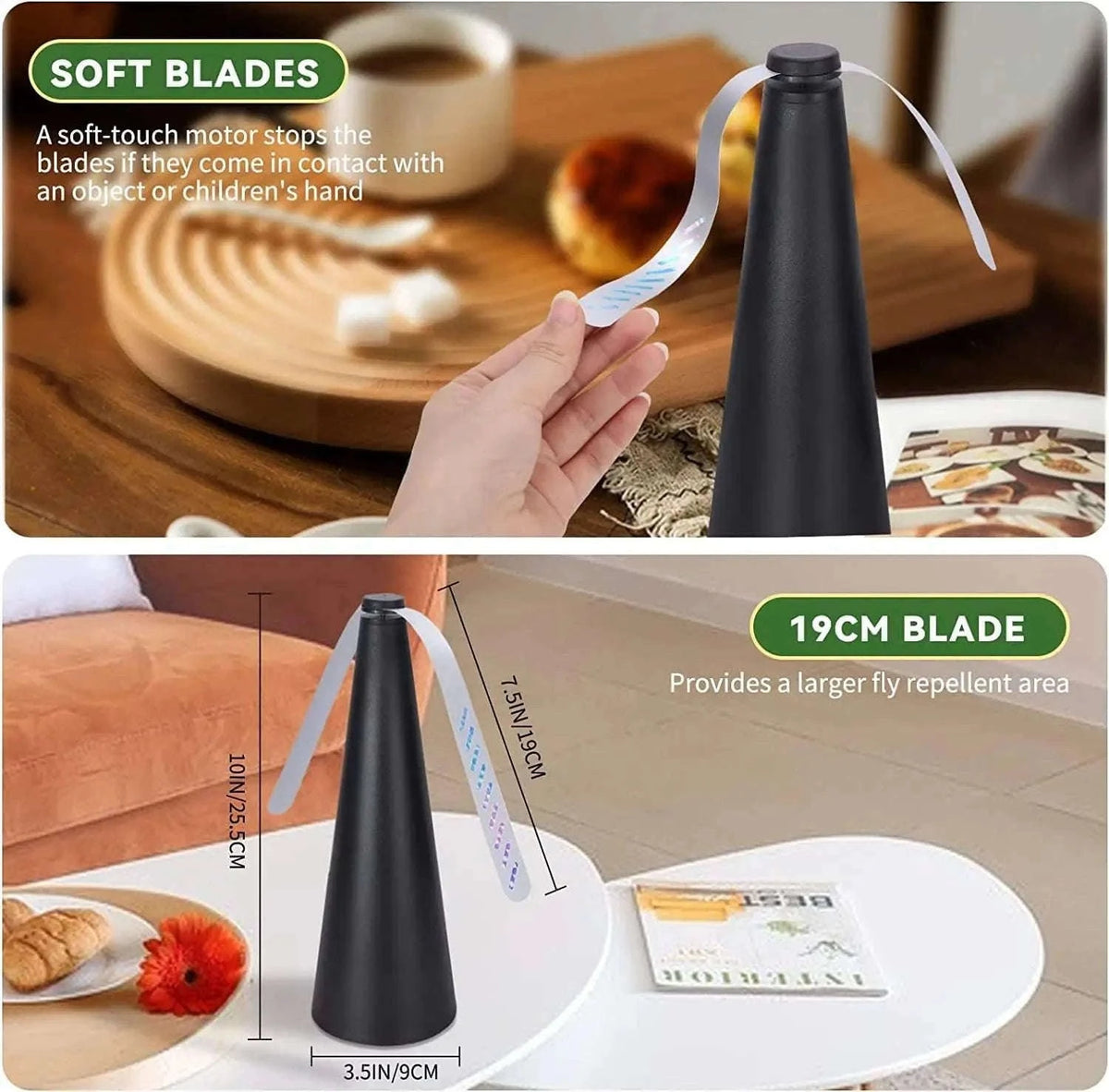 Fly Fan for Tables with Soft Blades, Quiet Airflow for Meals-black-battery