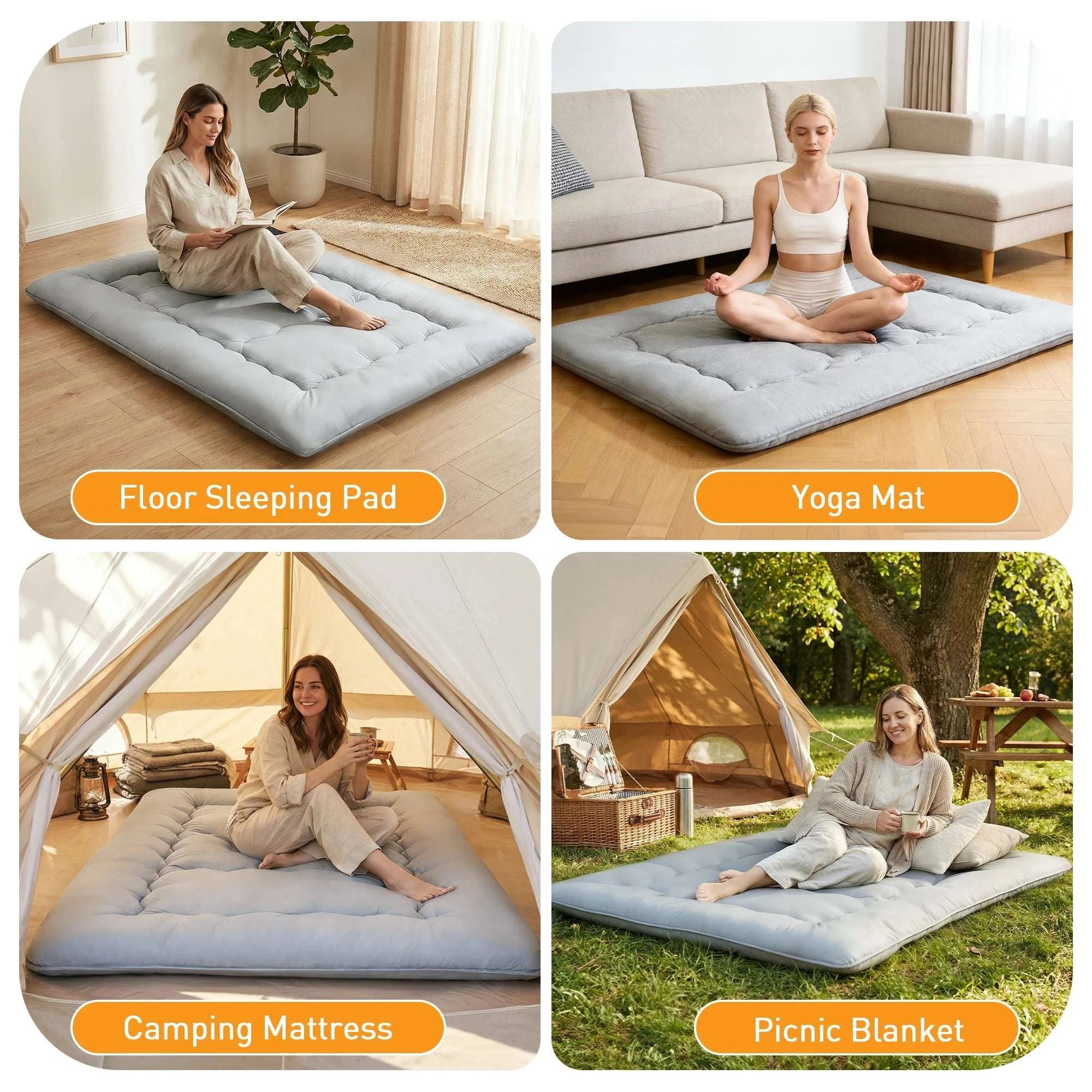 Foldable 4-Inch Mattress Topper Full Queen Soft Portable Bed-Gray / Twin / United States