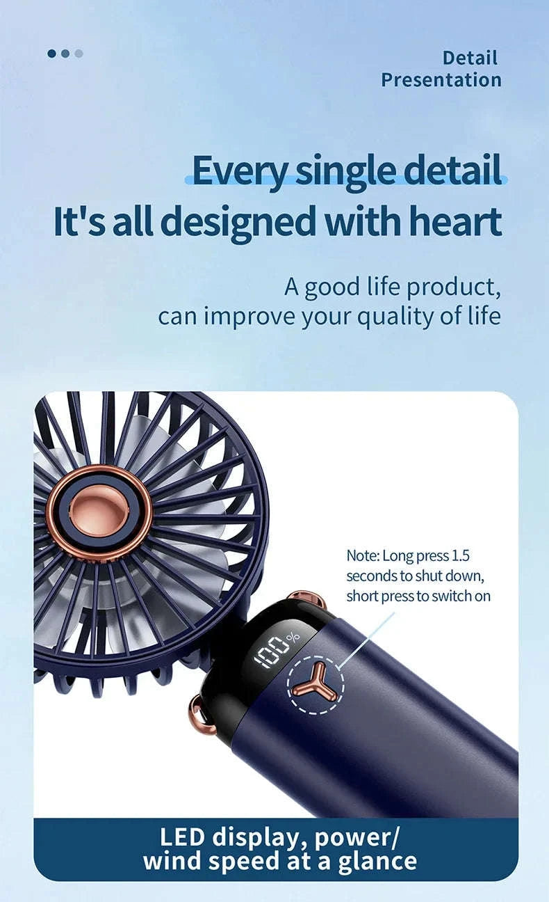 Foldable 5-Speed Handheld Mini Fan with LED Display-DEEP BLUE / United States