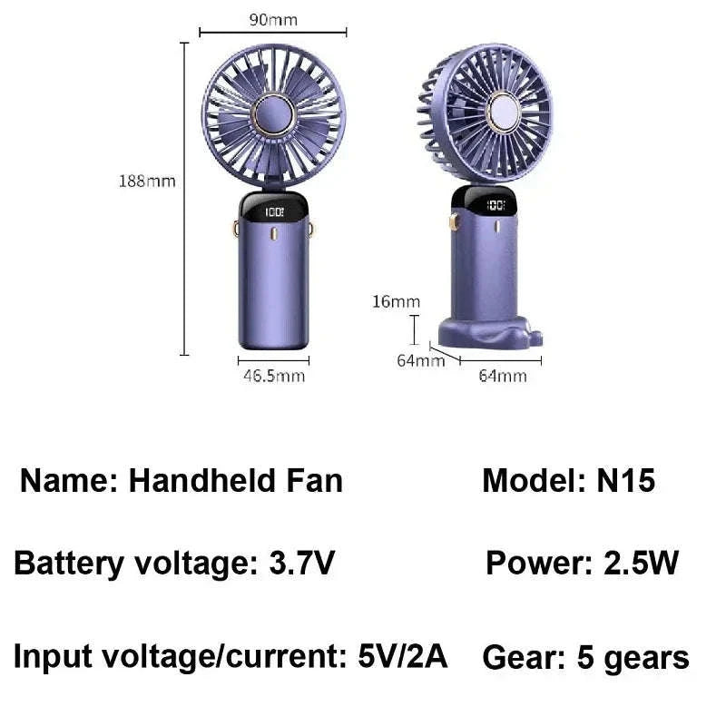 Foldable 5-Speed Handheld Mini Fan with LED Display-DEEP BLUE / United States