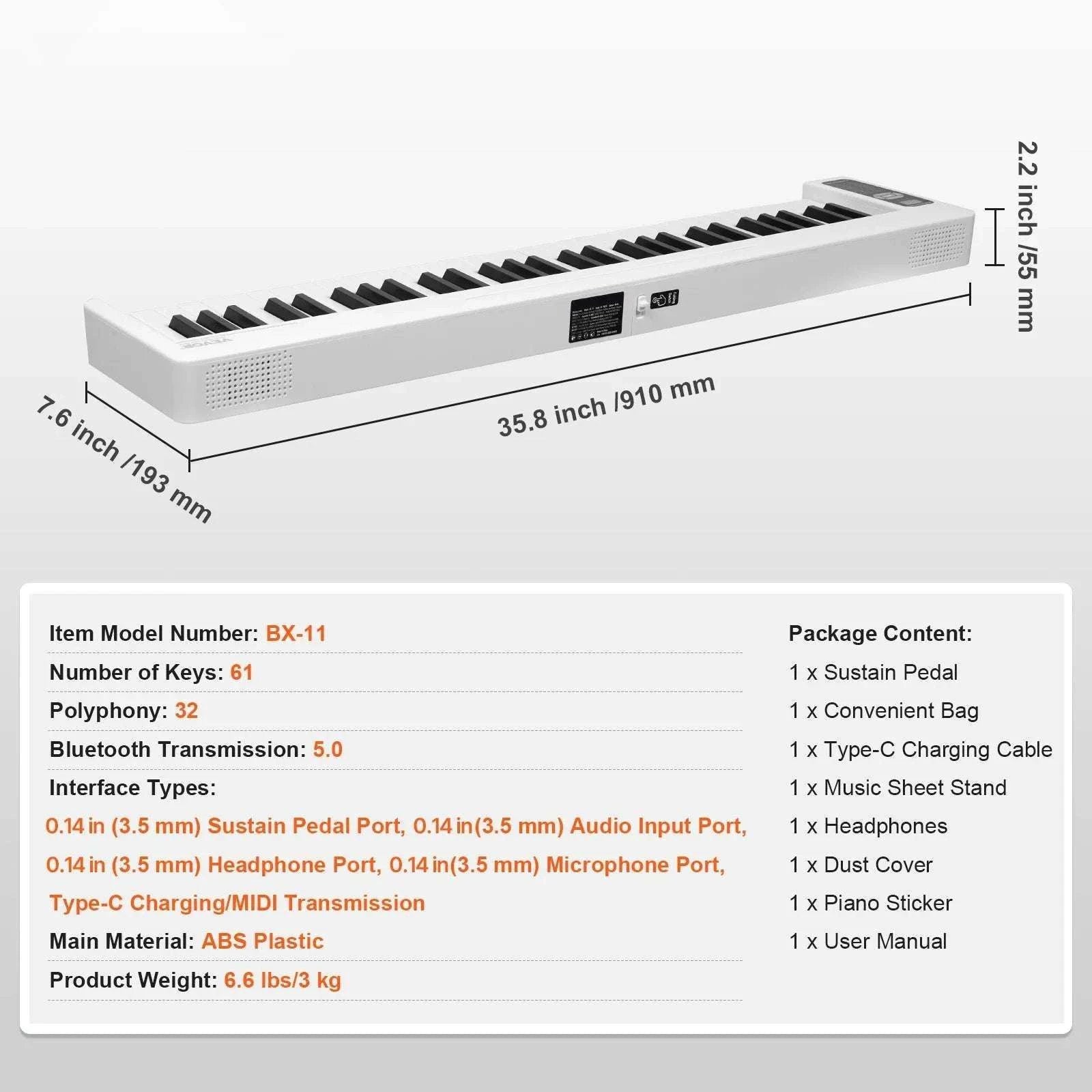 Foldable 61/88-Key Bluetooth MIDI Keyboard Piano with Rechargeable Battery-88 Keys Black / CZECH REPUBLIC