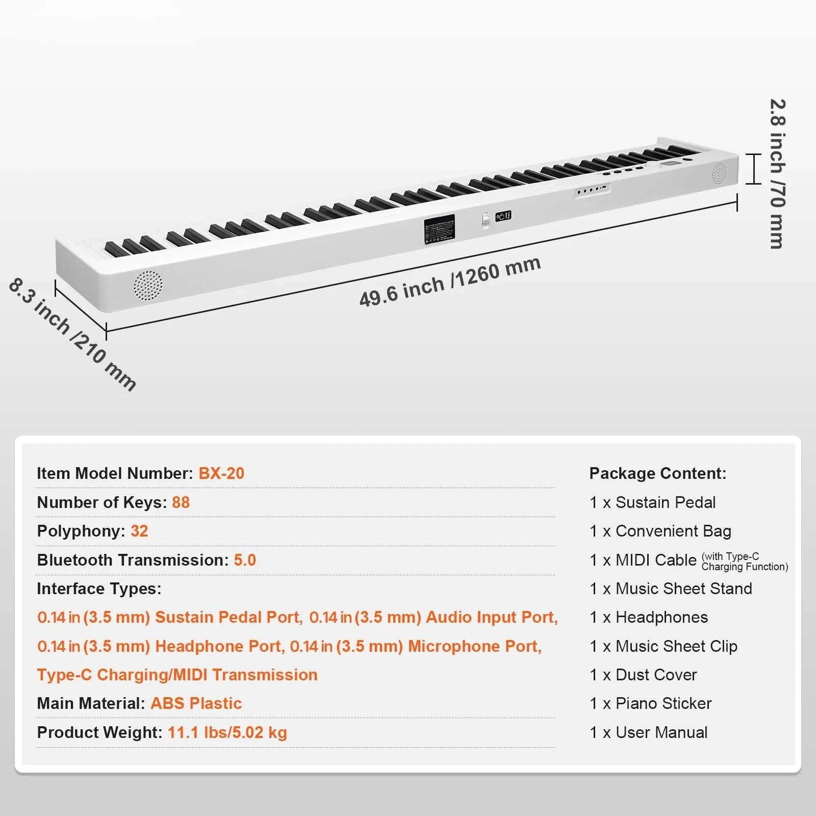 Foldable 61/88-Key Bluetooth MIDI Keyboard Piano with Rechargeable Battery-88 Keys Black / CZECH REPUBLIC