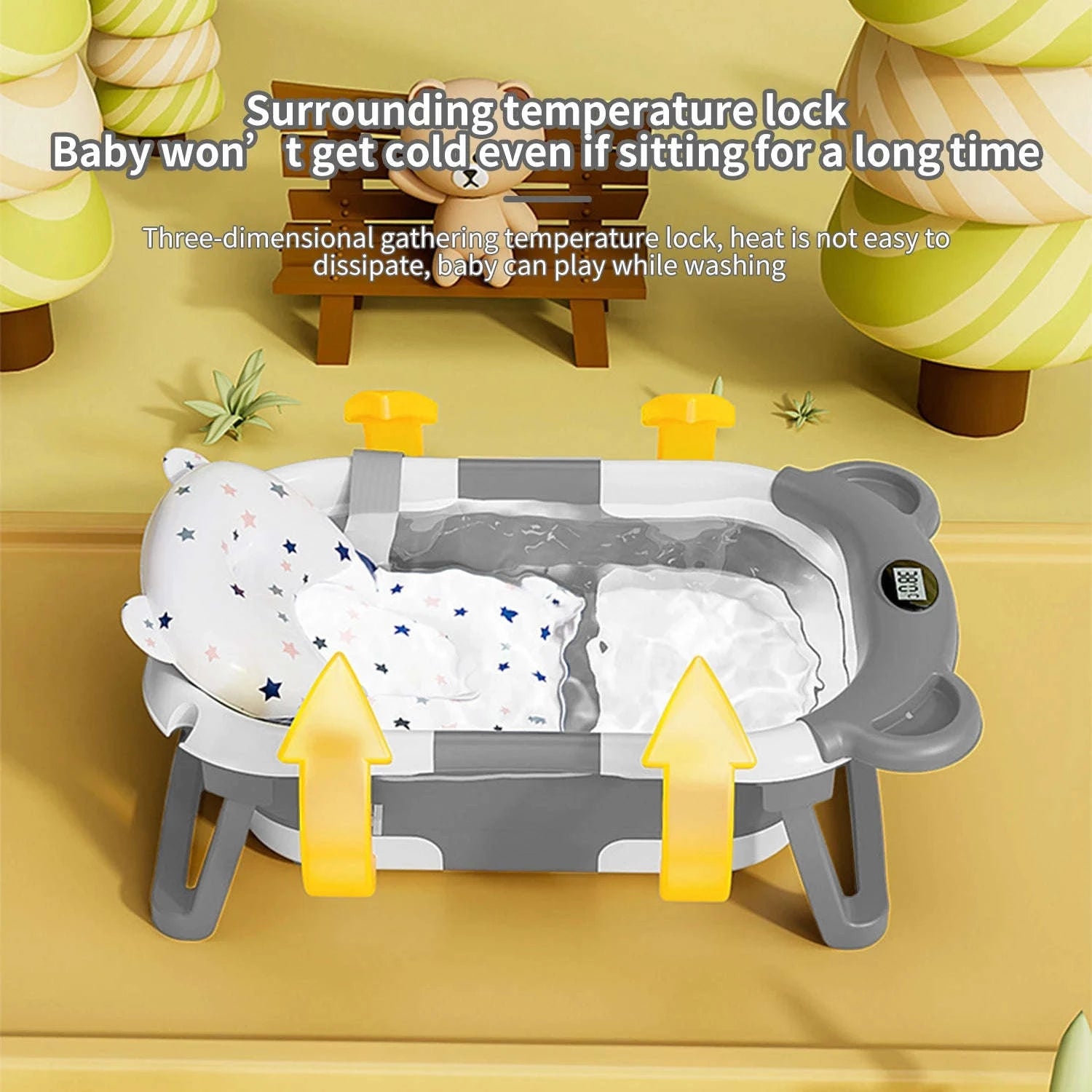 Foldable Baby Bathtub with Thermometer & Cushion for 0–15 Months-GRAY / france