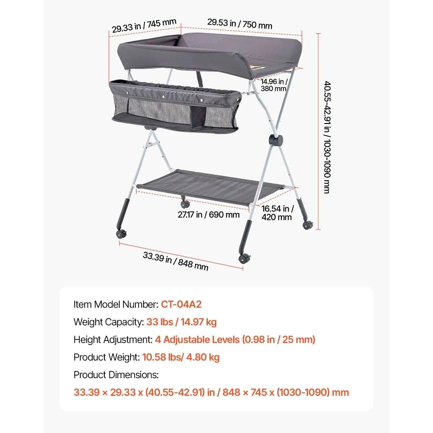 Foldable Baby Changing Table with Adjustable Height & Storage-Light grey H shape / United States