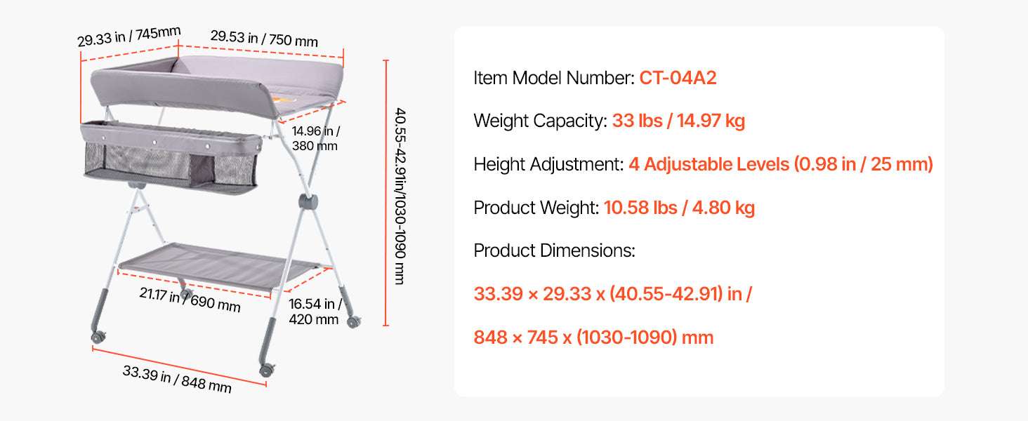 Foldable Baby Changing Table with Adjustable Height & Storage-Light grey H shape / United States