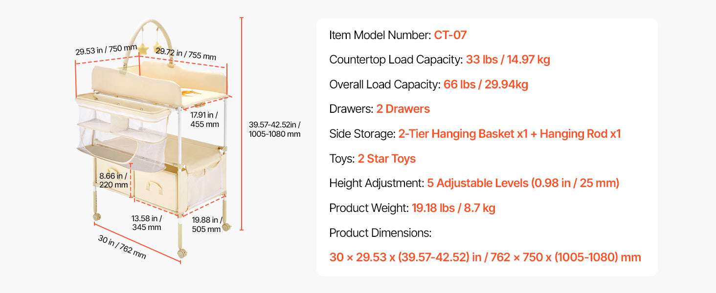 Foldable Baby Changing Table with Adjustable Height & Storage-Light grey H shape / United States
