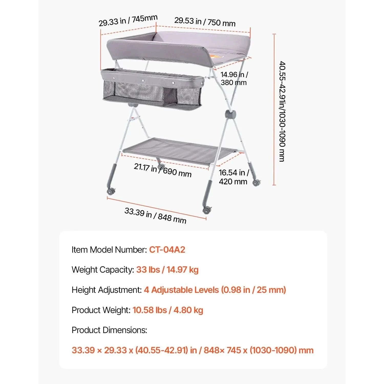 Foldable Baby Changing Table with Adjustable Height & Storage-Light grey H shape / United States