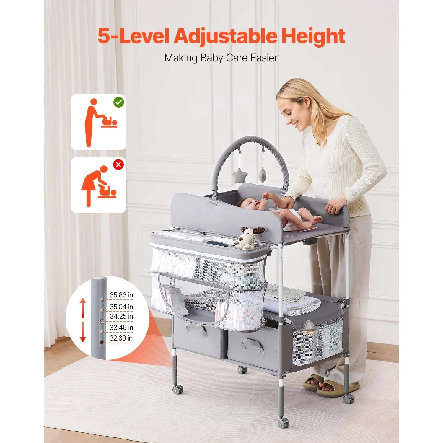 Foldable Baby Changing Table with Adjustable Height & Storage-Light grey H shape / United States