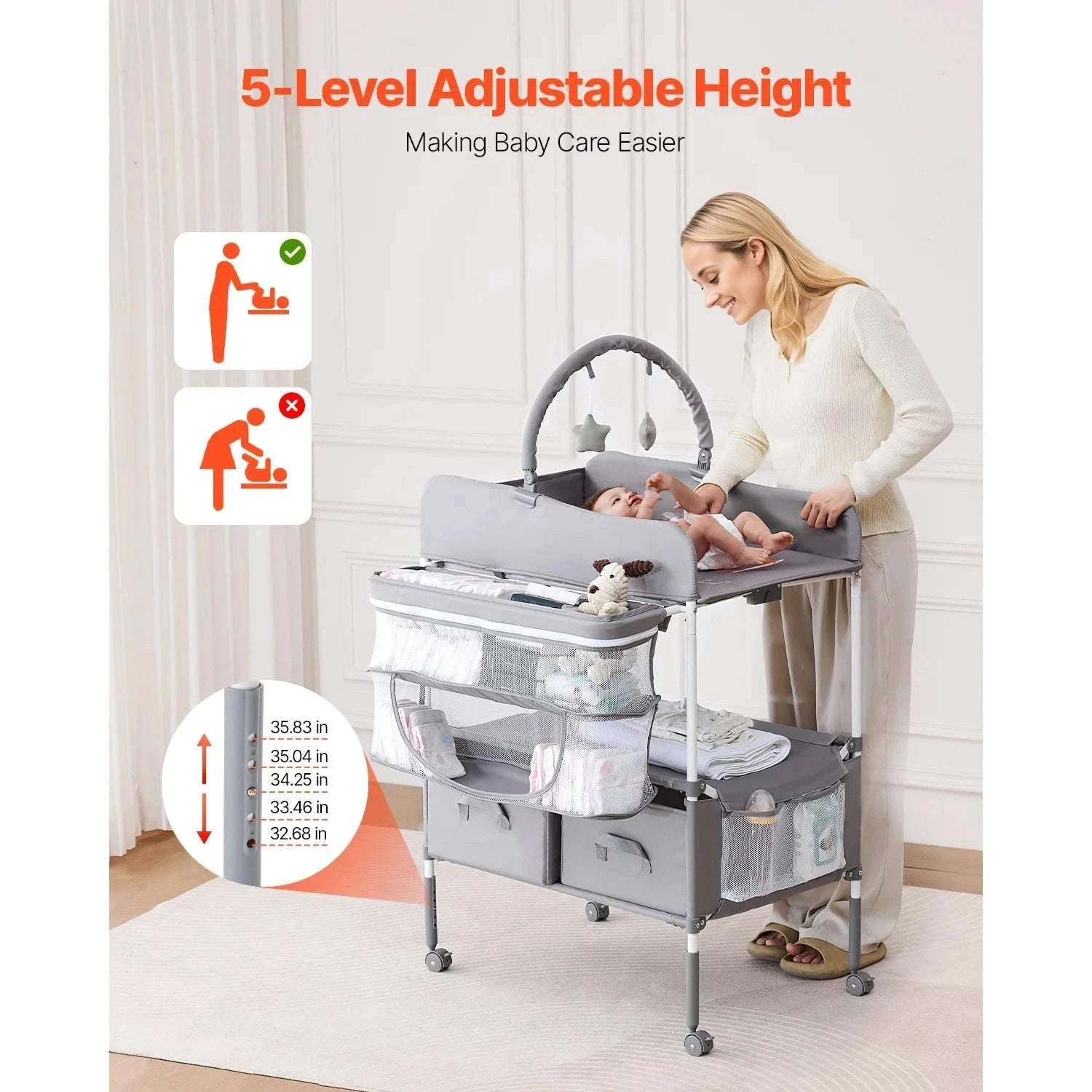 Foldable Baby Changing Table with Adjustable Height & Storage-Light grey H shape / United States