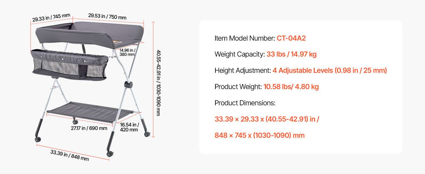Foldable Baby Changing Table with Adjustable Height & Storage-Light grey H shape / United States