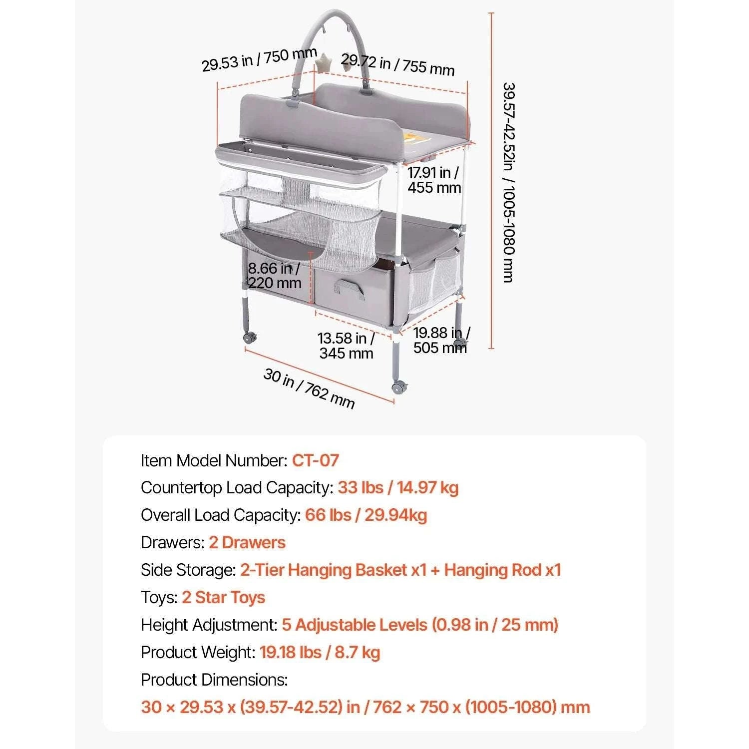 Foldable Baby Changing Table with Adjustable Height & Storage-Light grey H shape / United States