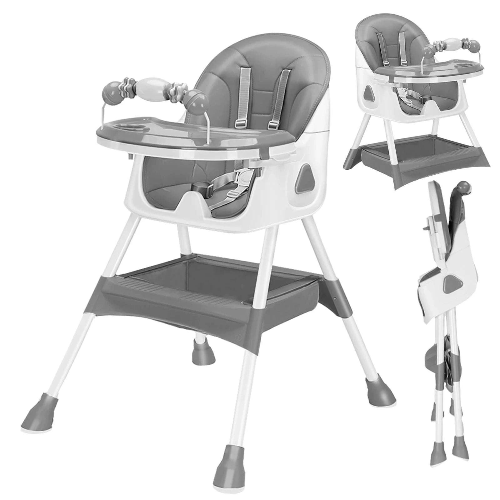 Foldable Baby High Chair with Tray and Toy Rack-Grey / Poland