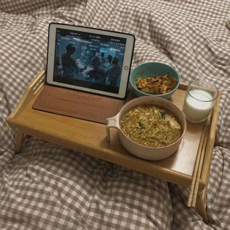 Foldable Bamboo Laptop Desk Bed Tray with Storage 50cm-yellow